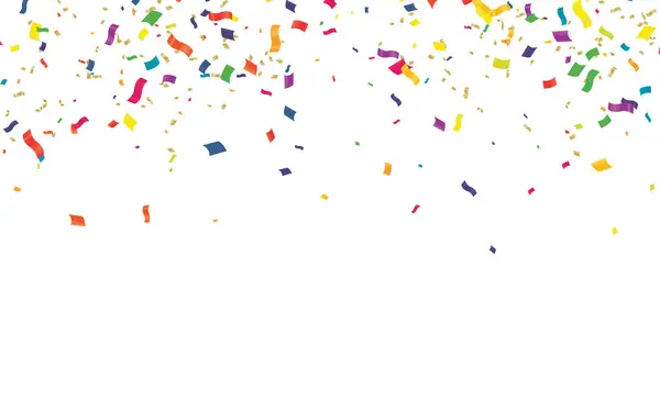 Renkli konfetilerle yeni doğum günü kutlaması. Renkli, parlak ve kurdeleli. Mutlu tebrik kartları.