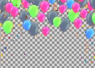 Renkli balonlar ve konfeti şeffaf arka plan üzerinde. Vektör çizim.