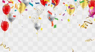 Şenlikli arka planda çeşitli şablonlar ve canlı konfetilerle yüzen balonlar, kutlamalar için ideal.