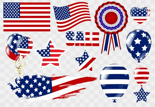 stock vector set of american flags and balloons isolated on transparent background, vector illustration