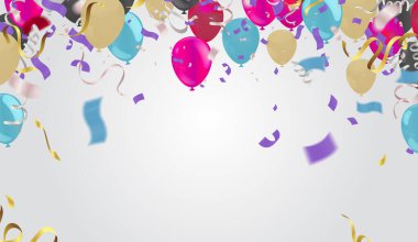 Gerçekçi parlak helyum ve balonlu ve konfetili arkaplan çizimi
