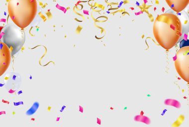 Gerçekçi parlak helyum balonları ve konfeti. Doğum günü partisi arkaplan çerçeveli kutlama pankartı veya arkaplanı 