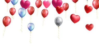 Kalp balonları Gerçekçi beyaz kırmızı, mavi ve arka planda online alışveriş sitesi veya sosyal medya, kutlama partisi illüstrasyon oranı kullanılabilir