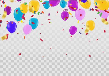 Balonlar, konfeti konsepti tasarımı tatil şablonu Mutlu Günler, arka plan kutlama vektörü illüstrasyonu. Parti dekorasyonu için tasarım, yeni yıl, doğum günü, yıldönümü, kutlama