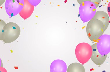 Parti illüstrasyonu Parlak parlak konfeti, kurdele, yıldız kutlaması, yılan balığı, balon izole. Konfeti yerde uçuşuyor. Parti dekorasyonu için tasarım, yeni yıl, doğum günü, yıldönümü, kutlama