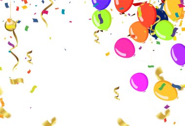 Uçan konfeti vektör illüstrasyonlu güzel balonlar beyaz arka grupta izole edildi