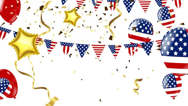 Hava balonlu Usa Bağımsızlık Günü posteri ve Amerikan bayraklarından bir çelenk. Amerikan Anma Günü posteri, vektör illüstrasyonu