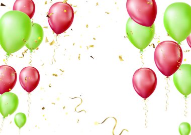 Lüks gerçekçi balonlar ayarlandı. 3 boyutlu parlak helyum balonları beyaz arka planda izole edilmiş yeşil ve kırmızı vektör hisse senedi çizimleri