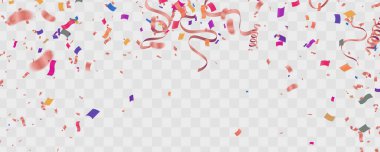 Renkli konfeti ve şeffaf arka planda şeritler. Vektör illüstrasyonu