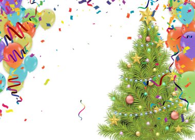 Balonlu Noel ağacı ve beyaz arka planda konfeti. Vektör illüstrasyonu.