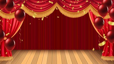 Soyut vektör canlandırma sahne perdesi ve tahta tiyatro sahnesi. Sahne ışıkları ve film gecesi veya gösteri zamanı.