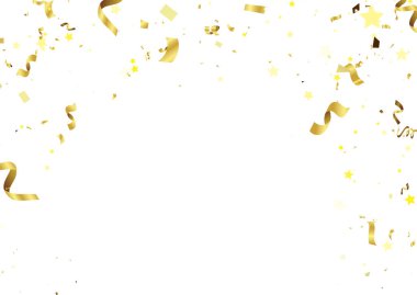 Şeffaf arkaplanda konfeti patlaması. Parlak altın kağıt parçaları uçuşuyor ve yayılıyor. dönen, renkli altın, yakınlaştırma efekti, basit tasarım
