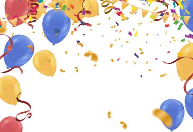 Balonlar renkli konfetiler, kutlama karnavalı kurdeleleri. Lüks tebrik kartı