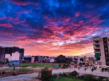 Jaipur, Hindistan 31 Temmuz 2024: Binaların ve ağaçların geniş açı çekimi, şehir manzarası Jaipur şehrinin güzel gökyüzüne karşı