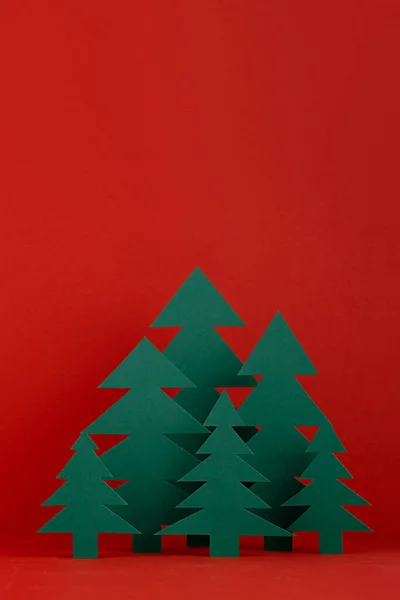 Christmas Festive Background Traditional Red Green Color Green Paper Spruces — Stock Photo, Image