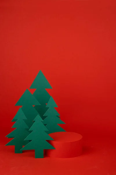 Kerst Traditie Achtergrond Rode Scène Cilinder Podium Mockup Voor Presentatie — Stockfoto