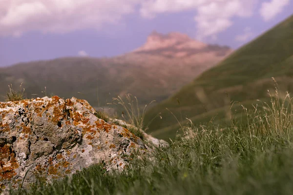 stock image Bright mountain landscape with big stone in green grass on meadow in sunny day in summer. Big boulder with orange lichen in highlands closeup with silhouette of peak of majestic ridge in blur. 