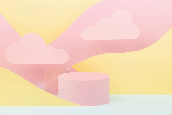 Modern vapor wave style stage mockup - pink round podium, sun blinks, clouds, pastel mountain landscape - yellow, mint color. Template for display, show, presentation cosmetic, goods, advertising.