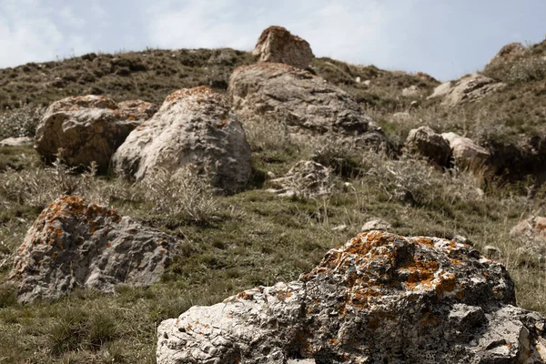 夏の天気の高地で薄緑色の乾燥した草の牧草地 青い空に斜面にオレンジの地衣類と巨大な灰色の岩のヒープ 山の谷のテクスチャ — ストック写真