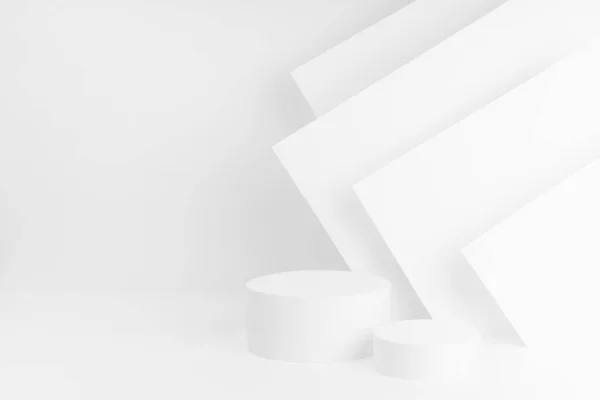 Abstraktní Bílé Jeviště Dvěma Válcovými Podiums Mockup Elegantním Geometrickém Stylu — Stock fotografie