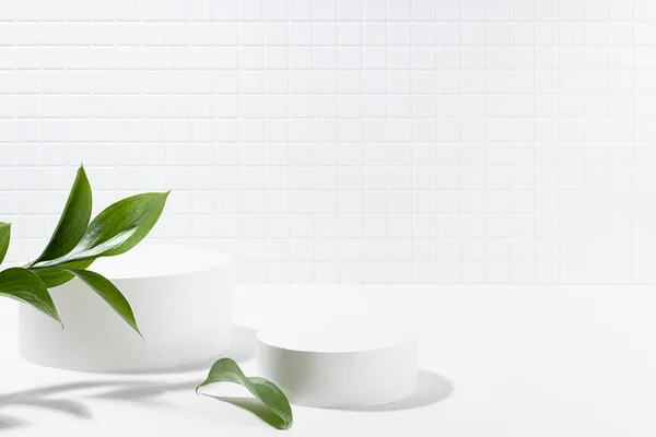 stock image Summer bright white abstract stage with two cylinder podiums mockup, natural fresh tropical leaves in bright sunlight with shadows, white mosaic wall for presentation cosmetic products, goods, design.