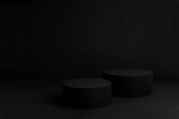 为展示化妆品 时尚风格柔和渐变的文本 复制空间而设计的带有两个圆形论坛的抽象黑色舞台 — 图库照片