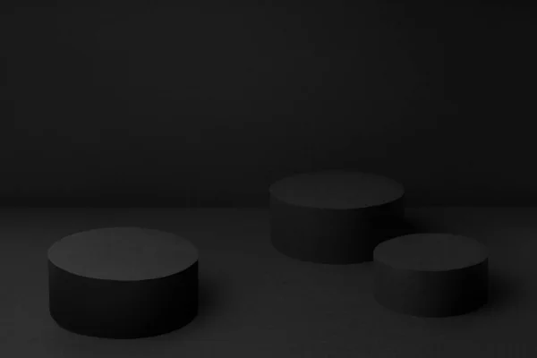 抽象的黑色场景 带有三个圆柱形模板 用于展示化妆品 软斜度卡片 美丽奢华风格的抽象模型 — 图库照片