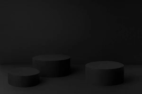 Абстрактная Черная Сцена Тремя Круглыми Подиумами Макет Презентации Косметической Продукции — стоковое фото