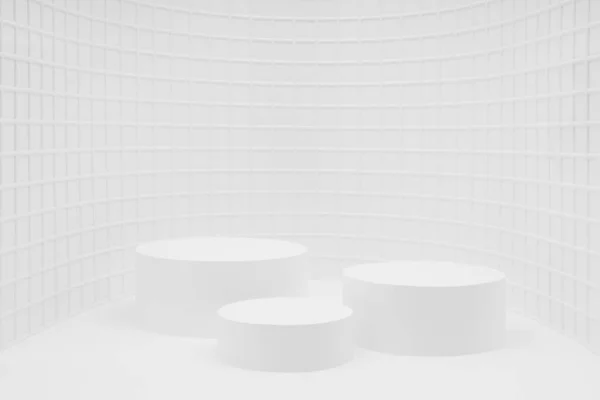 Λευκό Αφηρημένο Στάδιο Mockup Κυρτή Θέση Τριών Κυλίνδρων Podiums Ψηφιδωτό — Φωτογραφία Αρχείου