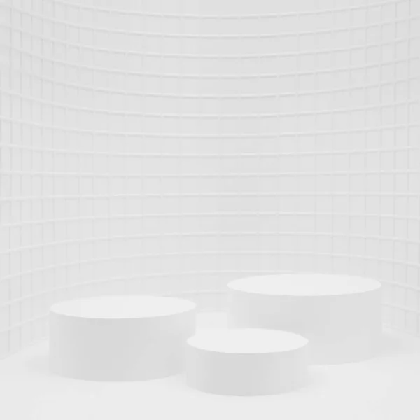 Абстрактний Макет Білої Сцени Вигнуте Алькове Три Циліндричні Подіуми Крихітна — стокове фото