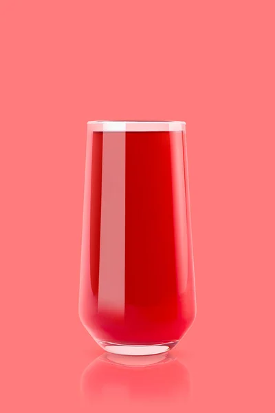 Succo Rosso Ciliegia Vetro Con Riflessione Sfondo Rosa Pastello Spazio — Foto Stock