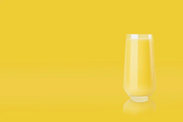 Geel Sinaasappelsap Glas Met Reflectie Kleurrijke Gele Achtergrond Kopieer Ruimte — Stockfoto