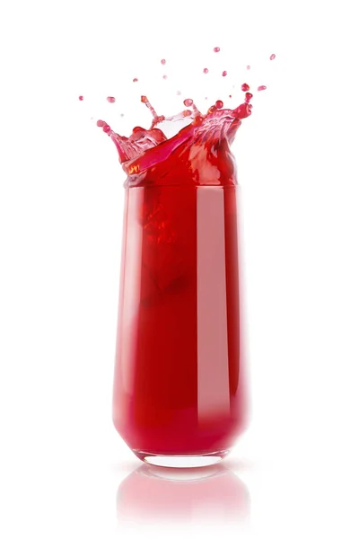 Wiśniowy Sok Świeżego Czerwonego Soku Szklance Odbiciem Krople Plamy Izolowane — Zdjęcie stockowe