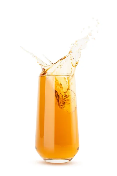 Apfelgelb Kühler Transparenter Saft Glas Saftige Spritzer Und Tropfen Fliegen — Stockfoto