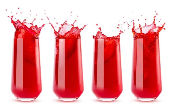 Állítsa Négy Bogyós Piros Hideg Gyümölcslevek Üveg Fényes Fröccsenések Csepp — Stock Fotó