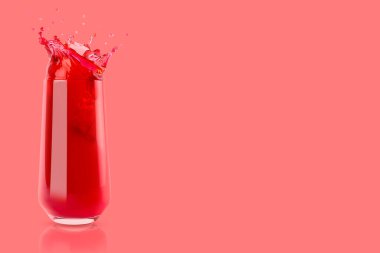 Cherry red cool juice in glass with reflection, juicy splashes and drops fly on pastel pink background, copy space. Ripe summer fruit drink with bubbles, swirl and splashing. clipart