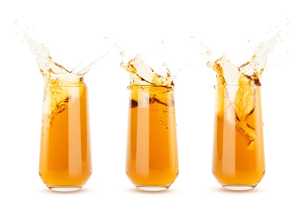 Set Three Apple Yellow Fresh Juices Glass Bright Colorful Splashes — Stock Photo, Image