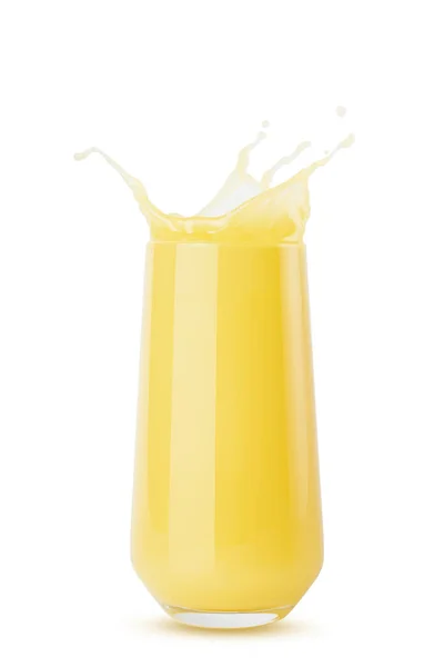 ガラスジューシーなスプラッシュとドロップの黄色いオレンジクールジュースは 白い背景で孤立しました パイプ夏のフルーツ柑橘類のドリンクバブル 渦巻き スプラッシュ — ストック写真