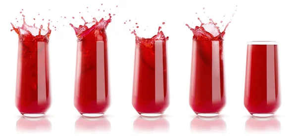 落ち着き 白い背景に隔離された滴とスプラッシュでガラスに5つのチェリー新鮮な赤いジュースのセット ビタミン有機夏の飲み物 スプラッシュ ドロップ ガラスでの動き — ストック写真
