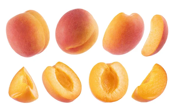 成熟的橙子杏仁 粉红的侧面设置隔离在白色的背景 整体和切割的一半 不同的侧面 夏季新鲜天然水果作为设计元素 图库图片