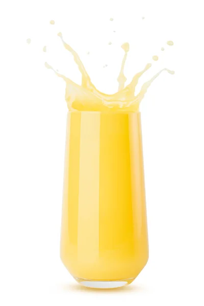 ガラスの黄色いオレンジ色の新鮮なジュースは 白い背景で隔離され スプラッシュインします ビタミン有機パルピー柑橘類の夏の飲み物 スプラッシュ 滴およびガラスの動き — ストック写真