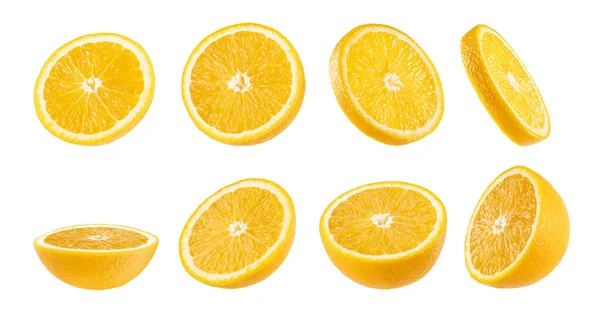 Bright Oranges Set Cut Halves Slices Fruits Closeup Different Sides — Stock Photo, Image