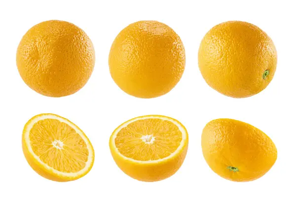 Fényes Narancs Beállítva Teljes Vágott Fél Gyümölcs Közelkép Különböző Oldalak — Stock Fotó