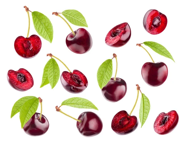 Lédús Piros Cseresznye Minta Elszigetelt Fehér Háttérrel Egész Felezi Gyümölcsök — Stock Fotó