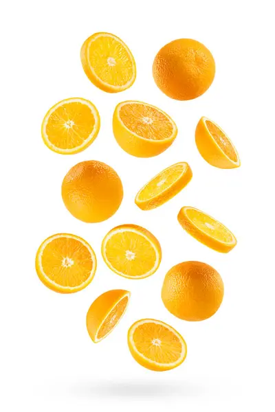 Juicy Oranges Flow Fly Fall Art Composition Whole Half Slices — Stock Photo, Image