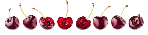 Świeża Czerwona Wiśnia Całe Połówki Owoców Ogonami Zbliżenie Różne Strony — Zdjęcie stockowe