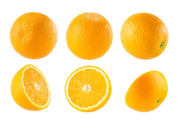 新鮮なオレンジセット 全体として 半分の果実を閉じ 白い背景 スタジオで隔離された異なる側面をカットします カード ポスターのための設計要素として夏の新鮮な柑橘類のフルーツ — ストック写真