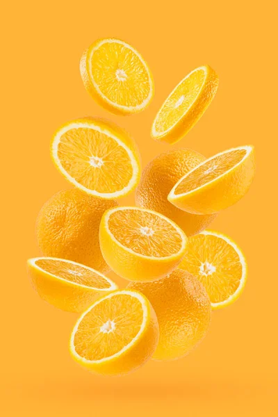 Juicy Oranges Closeup Fly Flow Art Composition Whole Half Slice — Stock Photo, Image