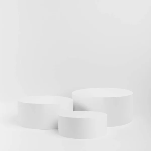 Abstract white stage with three round podiums mockup. Template for presentation cosmetic products, goods, advertising, design, sale, text, display, showing in cold winter style.