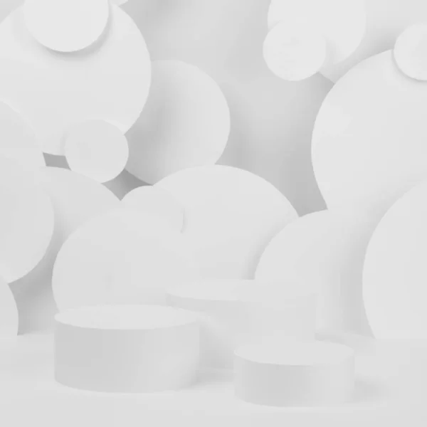 用三只白色圆形盆栽作化妆品造型 背景为白色 装饰有飞行圈 展示产品 文本的舞台 — 图库照片